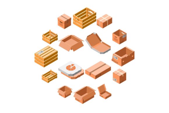 Packing Box Icon Set, Isometric 3d Style